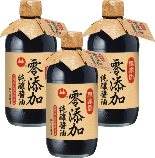 萬家香 零添加 純釀醬油 使用非基因改造黃豆 100%純天然釀造 450ml 玻璃瓶裝, 3瓶