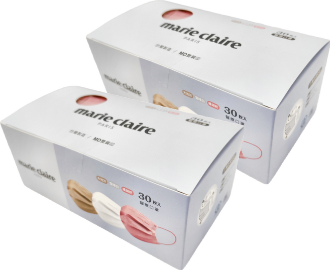 marie claire 美麗佳人 ONEDER 旺達棉品 美麗佳人平面成人口罩, 2組, 30片, 白色 + 粉色 + 棕色