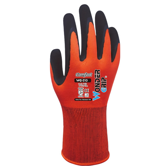 WONDER GRIP 多給力 COMFORT 經典通用乳膠防滑工作手套 XL WG-310, 橘色 + 黑色, 1雙