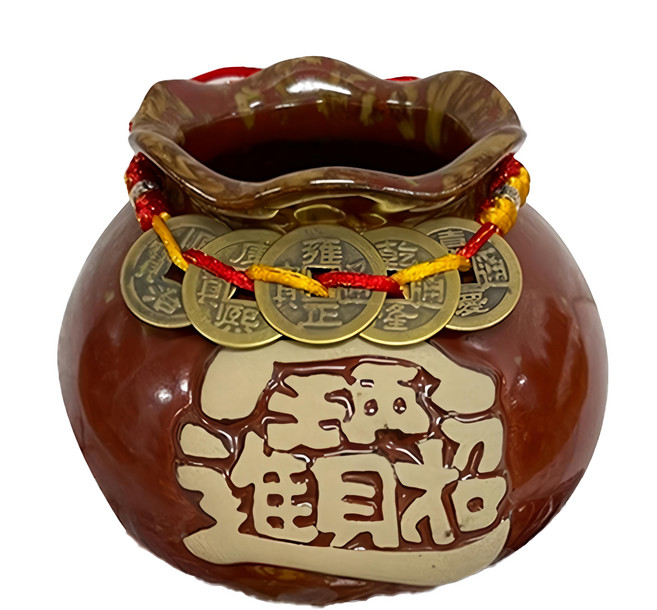 鶯歌手作陶瓷小浪口聚寶盆 12 x 9cm, 五帝錢串結 咖啡色, 1個