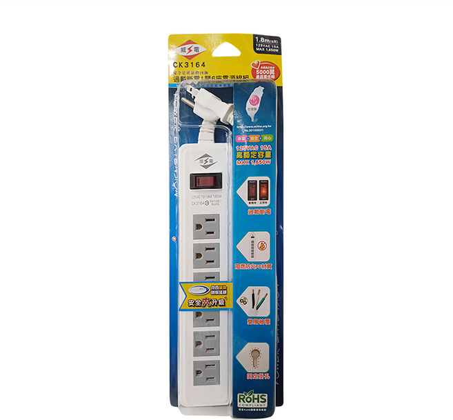 WeiTien 威電 過載斷電1開6座電源線組 3孔 CK3164 260 x 56 x 32mm, 1.8m, 白色, 1條
