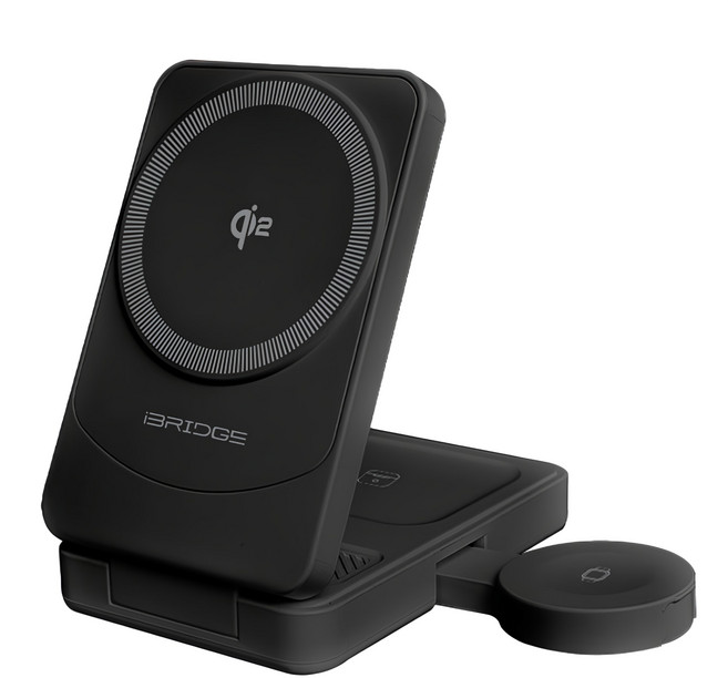 iBRIDGE 急速 Qi2 三合一無線折疊充電器, 黑色, 1個