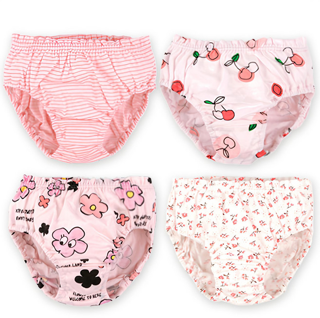 Maykids 女童款 印花三角內褲4件組 粉紅條紋 + 粉紅櫻桃 + 粉紅碎花 + 粉紅花朵