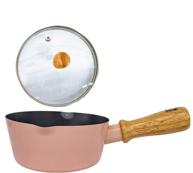 EASYPOT 快煮小湯鍋 PE-FP-376DG 鐵鋁合金材質 耐水煮塗層 橡膠木把手 玻璃蓋 1000cc, 16cm, 粉色 + 原木色, 1個