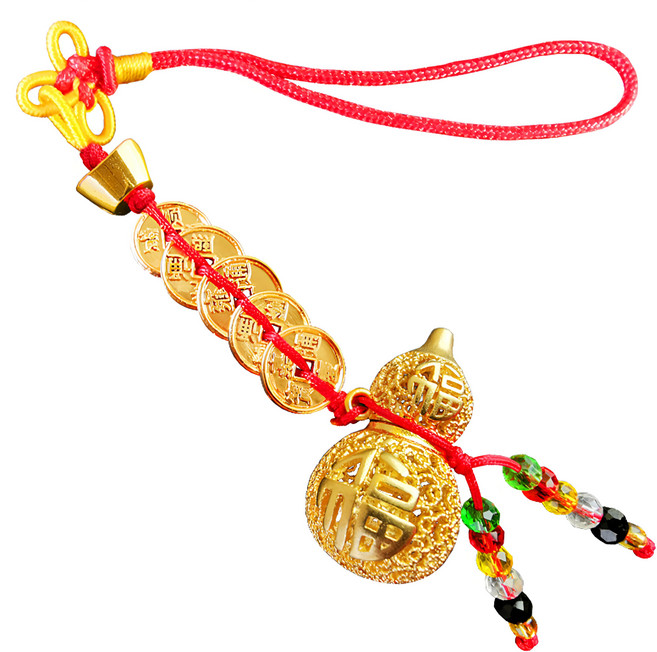 財神小舖 發財五帝錢金葫蘆直直賺吊飾 全長約17cm, 金色 + 紅色, 1個