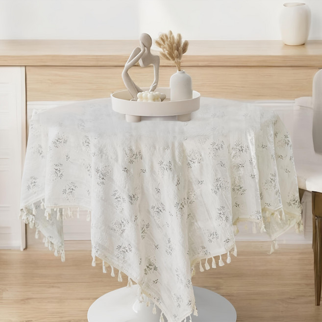 HOOM 桌布 清新風格 輕盈不厚重 好收納, 180 x 140cm, 法式小碎花 白色, 1個