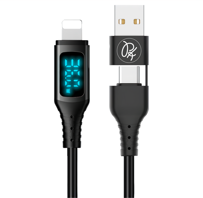 PICKOGEN 皮克全 二合一 Type-C/USB-A-Lightning PD充電傳輸線 VAW數顯 36W快充 480mbps, 1.2m, 黑色, 1條