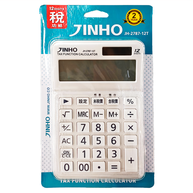 JINHO 京禾 12位元計算機 JH-2787-12T 太陽能/電池 雙重電源 稅功能 保固2年, 白色, 1個