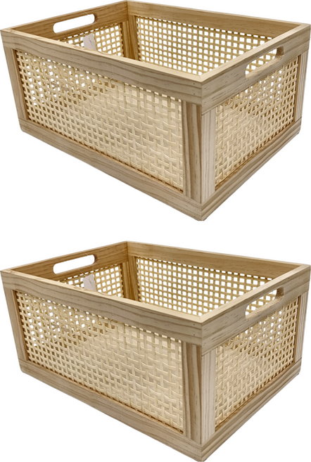 沐慕家居 木質藤編收納框, 木色, 2個