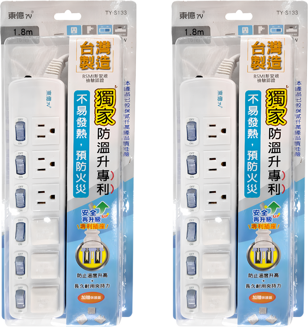 東億 6開6插座延長線 3孔 TY-S133, 1.8m, 白色, 2條