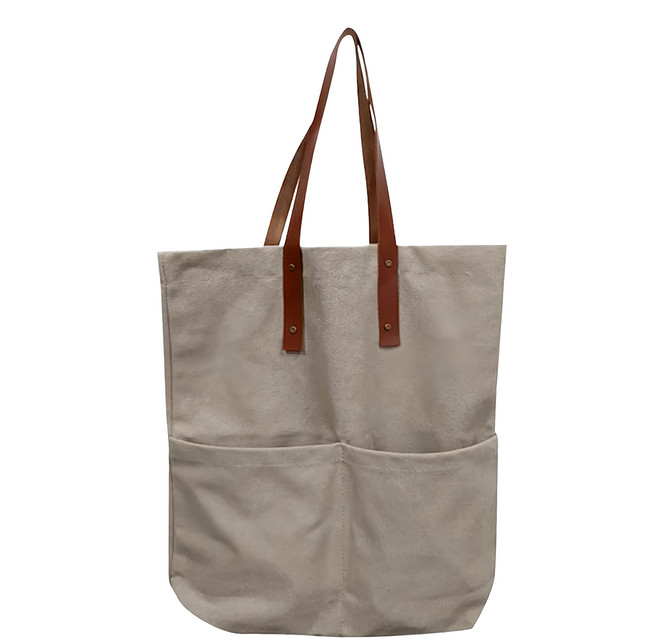 E.City 復古風質感皮革提把單肩袋 帆布, 卡其色