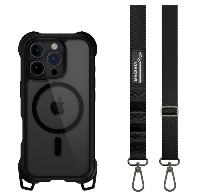 MAGEASY Odyssey Strap M 超軍規防摔 手機殼 iPhone 16 Pro MagSafe Compatible 掛繩 金屬黑