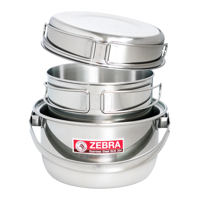 ZEBRA THAILAND 斑馬牌 304不銹鋼 斑馬牌 露營鍋具3件組, 鍋具組 + 提袋, 銀色, 1組