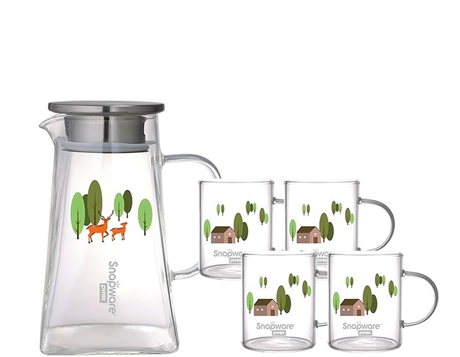 Corelle Brands 康寧餐具 Snapware 耐熱玻璃茶壺組 附濾網, 茶壺 + 茶杯, 春日森林, 1組