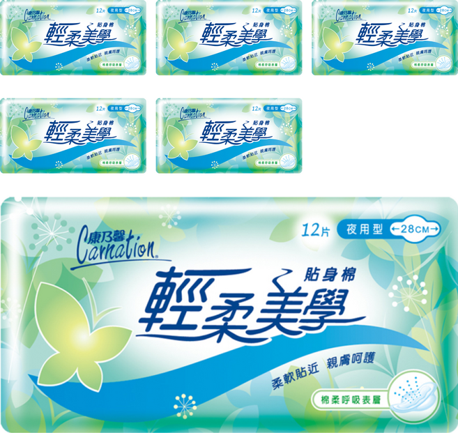 康乃馨 輕柔美學貼身衛生棉, 夜用型 28cm, 12片, 6包