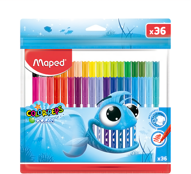 Maped 大嘴魚細頭彩色筆 36色 高品質墨水可於大部分質料衣物洗淨, 1組