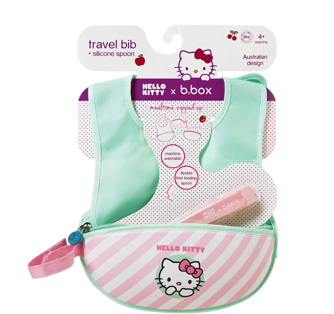 b.box 旅行圍兜袋+矽膠軟湯匙, HELLO KITTY 粉色 + 綠色, 2個, 1組