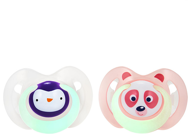 Nuby 動物圖案夜光安撫奶嘴2入組, 0~6個月, 企鵝款+熊貓款 白色 + 粉色, 1組