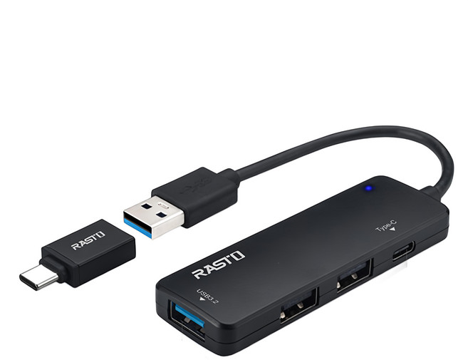 RASTO RH9 USB3.2 + Type C四孔集線器 附Type C轉接頭 R-PCD009 10.5cm, 黑色, 1盒