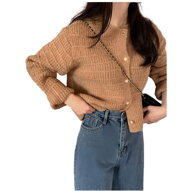 復古小香風圓領針織外套 - 卡其