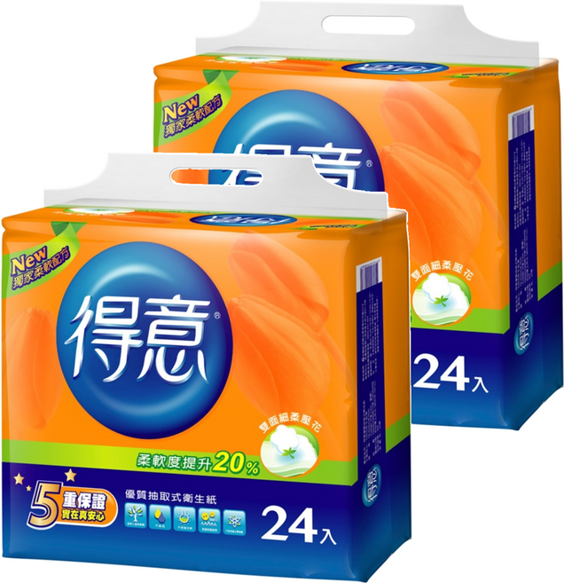 得意 優質連續抽取式衛生紙 雙面壓花 柔軟升級 5重保障, 24包, 2袋
