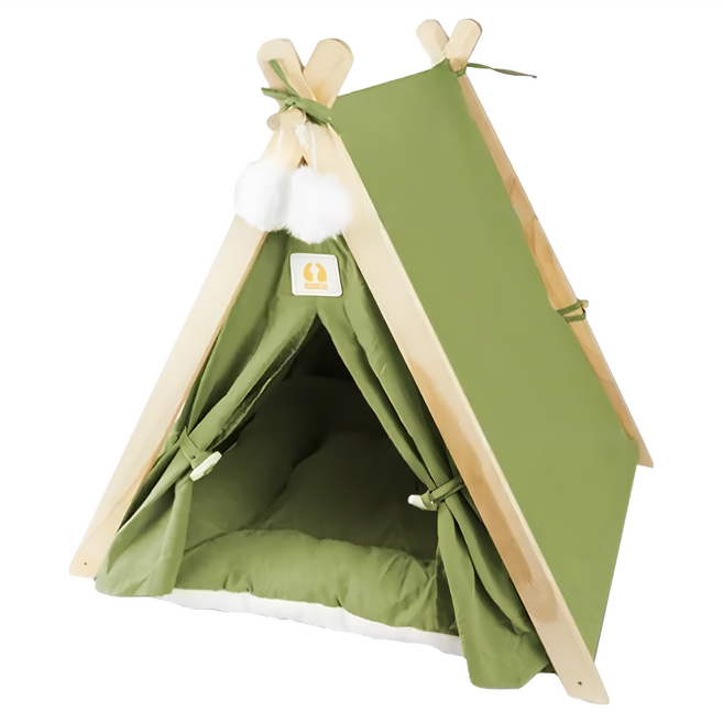 哈囉毛孩 可拆洗四季通用實木三角寵物帳篷 內部大空間不擁擠 全齡貓/幼犬/小型犬適用, 橄欖綠, 1個