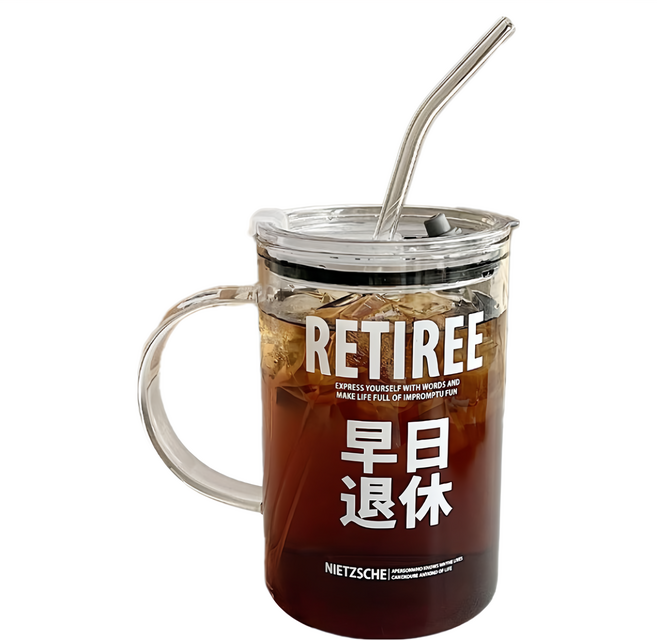 早日退休 玻璃把手杯 含吸管+杯蓋, 1L, 1組