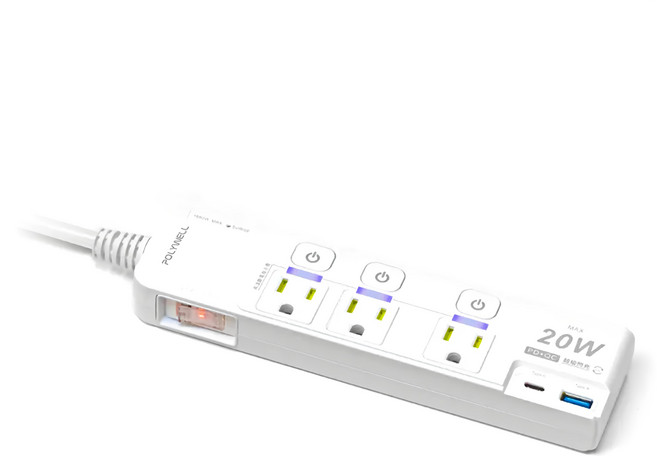 POLYWELL 寶利威爾 20W快充電源延長線 4切3座 Type-C PD/QC C-81PLC PW15-T05-A088, 20.5 x 5.5 x 2.5cm, 白色, 1條