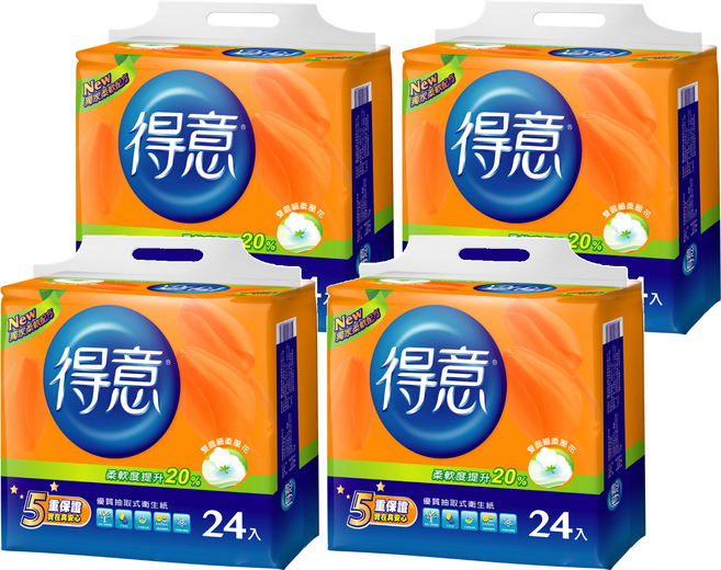 得意 優質連續抽取式衛生紙 雙面壓花 柔軟升級 5重保障, 24包, 4袋