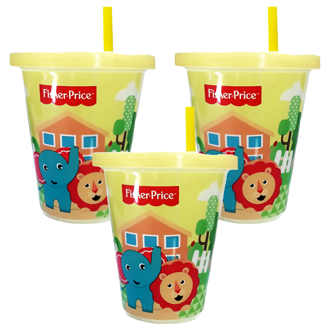Fisher-Price 費雪 吸管水杯 卡通圖案 方便保存攜帶, 296ml, 3個, 黃色