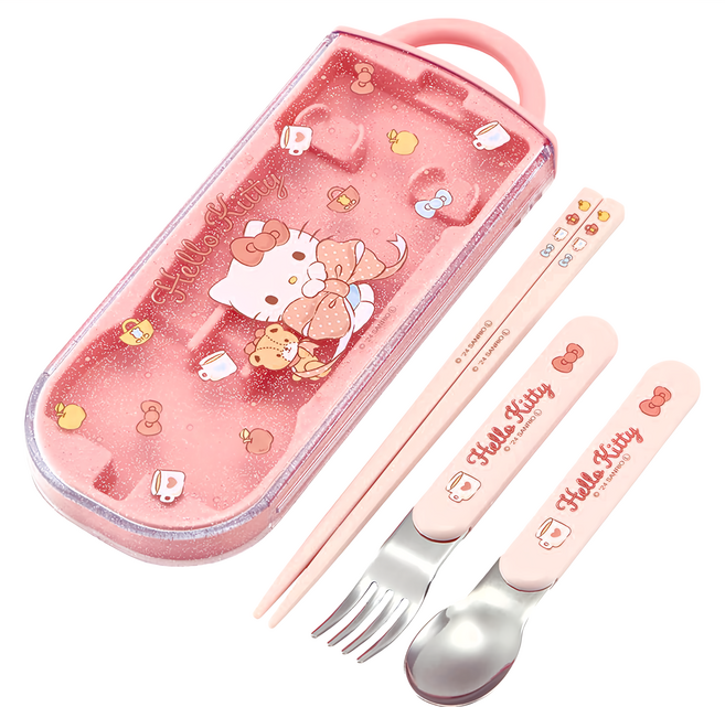 Skater 抗菌兒童3合1餐具組, Hello Kitty, 湯匙 + 叉子 + 筷子 + 外盒, 1組