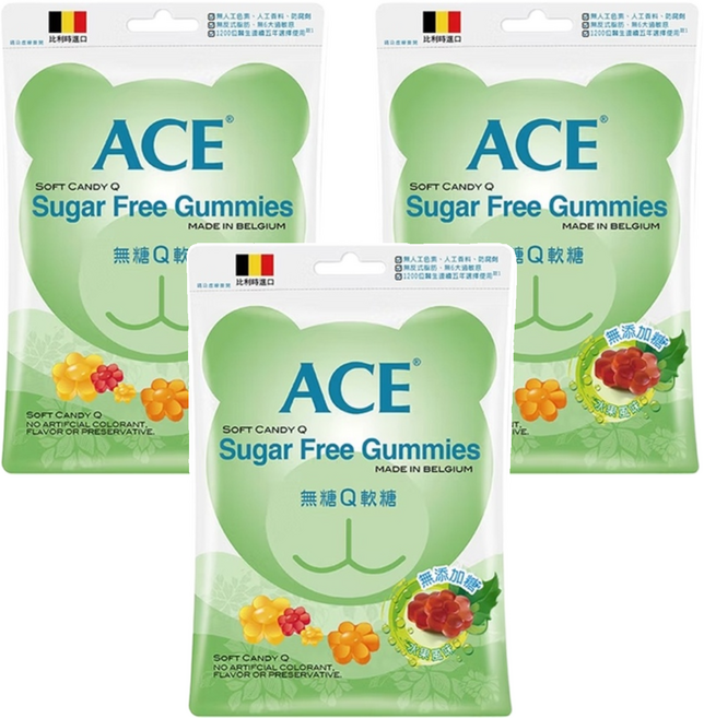 ACE 無糖Q軟糖 比利時進口 無人工色素香料 富含維他命C QQ好咀嚼 無糖0脂肪, 48g, 3包