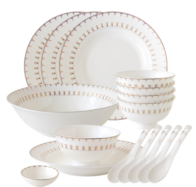 JUST HOME 羽藏骨瓷餐具組, 白色, 5個飯碗 + 5個如意匙 + 3吋調味碟 + 4個8吋湯盤 + 9吋湯碗, 1組