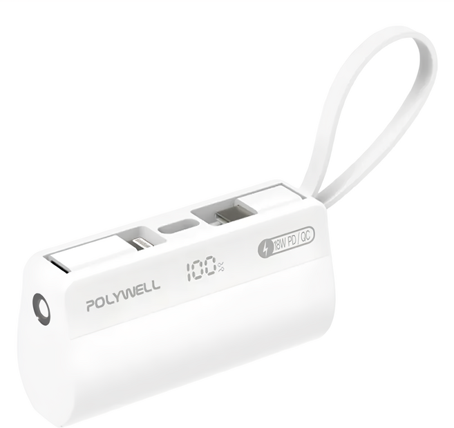 POLYWELL 寶利威爾 直插隨身行動電源 5000mAh PB5000, PW15-T16-A007, 白色