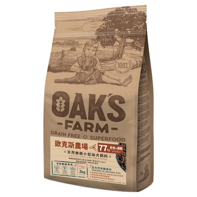 OAK'S FARM 小型幼犬 天然無穀乾飼料, 鮭魚+磷蝦, 2kg, 1袋