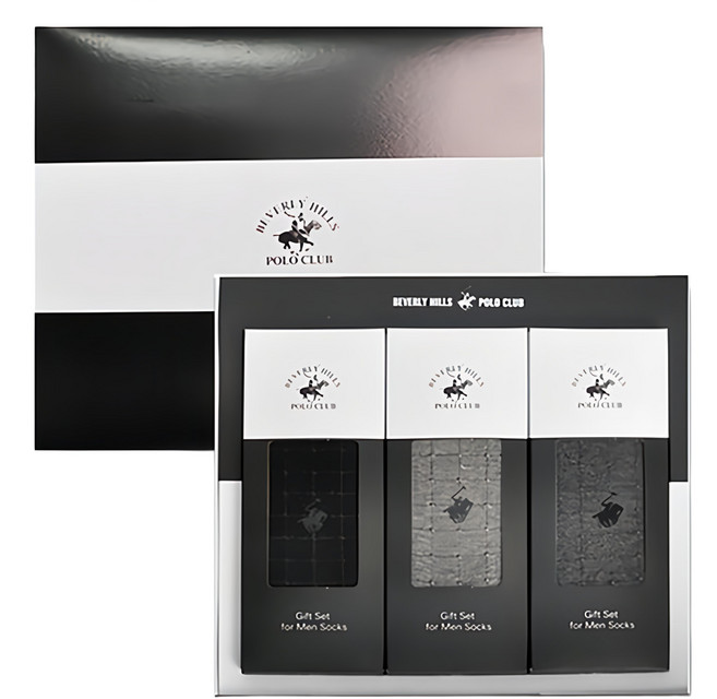 BEVERLY HILLS POLO CLUB 比佛利保羅 男款格紋中筒襪3件組禮盒 25~27cm