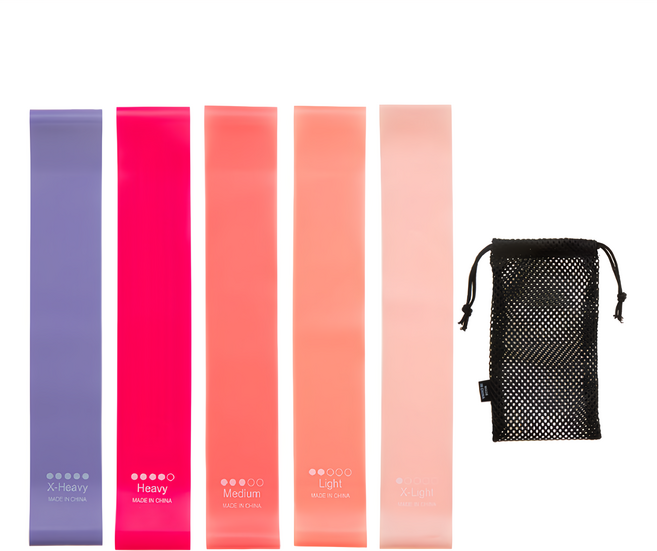 comet 環狀彈力帶5件組 附收納袋, 粉色 + 橘色 + 桃色 + 玫瑰色 + 紫色, 1組