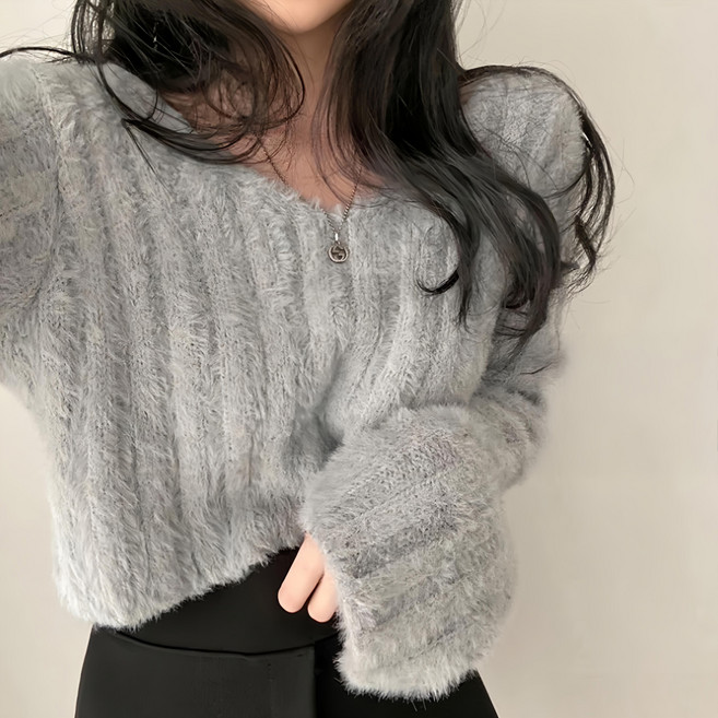 FB3277性感V領海馬毛毛衣