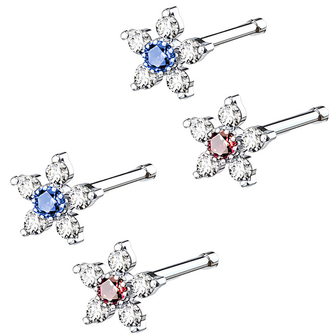 Brilliant Beauty 耀眼美人 紅寶藍寶 鋯石鑽 小花養耳棒 醫療鋼/鈦鋼耳環 4個