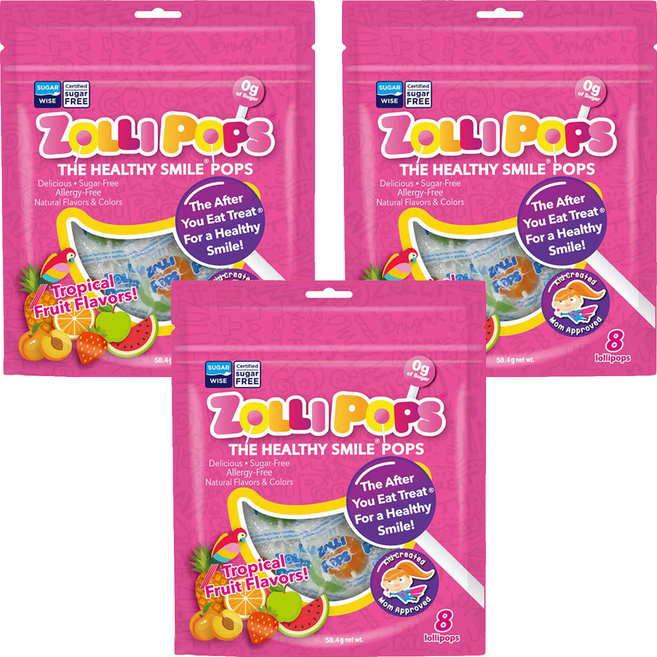 ZOLLI POPS 木糖醇無糖棒棒糖 熱帶水果口味 8支, 58.4g, 3袋