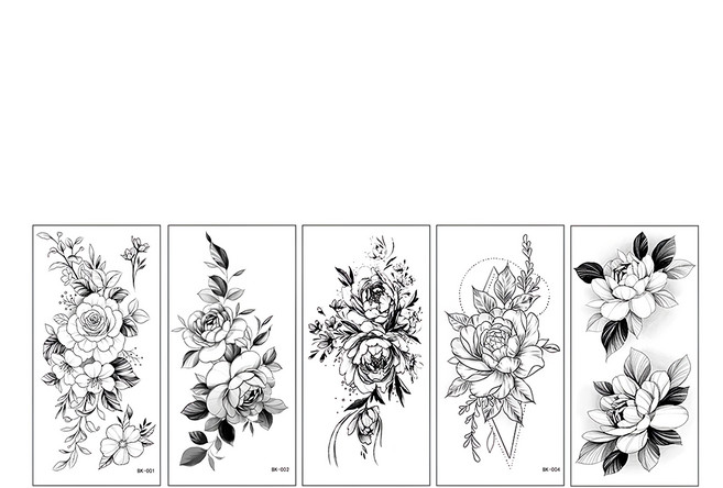 素描玫瑰花黑白紋身貼紙5款套組, BK-01, 1組