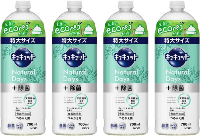 Kao 花王 Cucute 珂珂透 Natural Days 加強殺菌洗碗精補充瓶 馬鞭草 + 柑橘香, 700ml, 4瓶