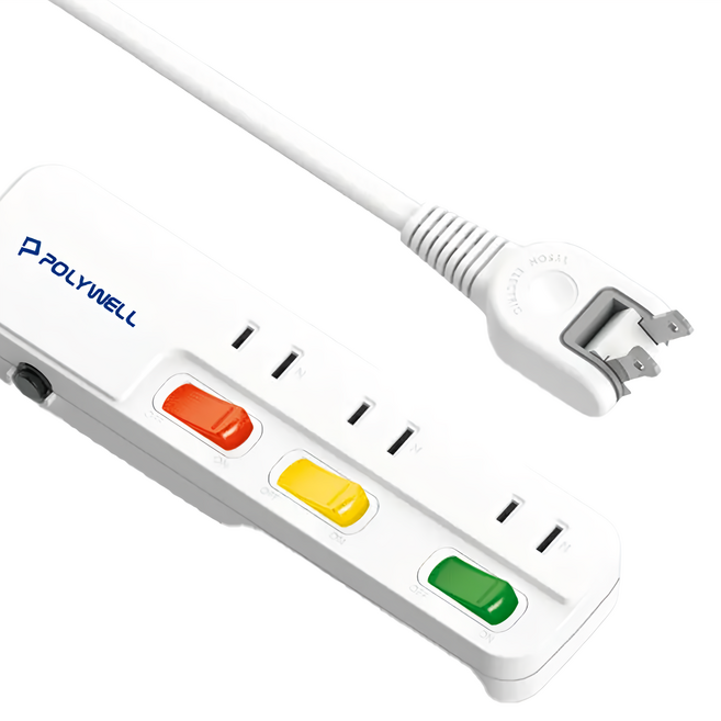 POLYWELL 寶利威爾 3切 3座 2P 延長線 PW15-T05-A065, 3尺(90cm), 白色, 1條