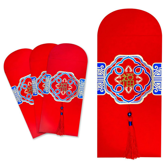 摩達客 春節開運古典藍金宮廷立體銅福字流蘇燙金紅包袋, 4個