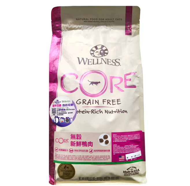 WELLNESS 寵物健康 CORE 成貓用 無穀乾飼料, 新鮮鴨肉, 2.27kg, 1袋