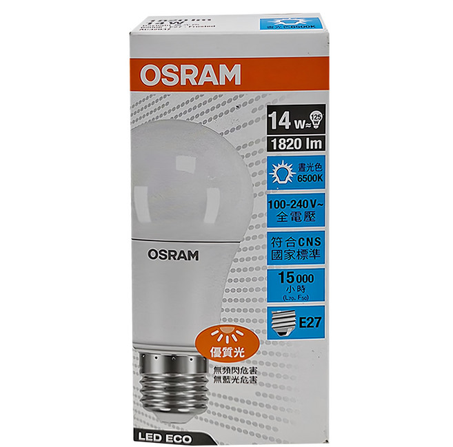 OSRAM 歐司朗 超廣角 LED 燈泡 14W E27, 晝光色(6500K), 1個