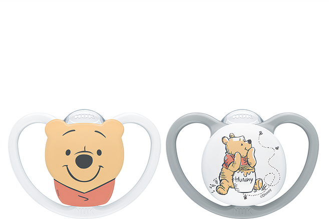 NUK SPACE 超透氣矽膠安撫奶嘴 小熊維尼, 2個, 迪士尼 白色 + 黃色, 6~18個月
