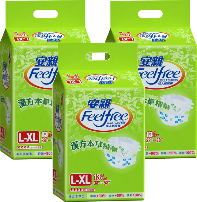 Feelfree 安親 漢方草本成人紙尿褲, L~XL(腰圍38~58吋), 13片, 3包