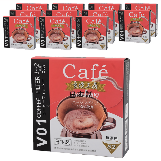 RYOU YAKI 良燒工房 無漂白錐形咖啡濾紙 V01 紅盒 1~2杯用 10.3 x 3.3 x 11cm, 52張, 12盒