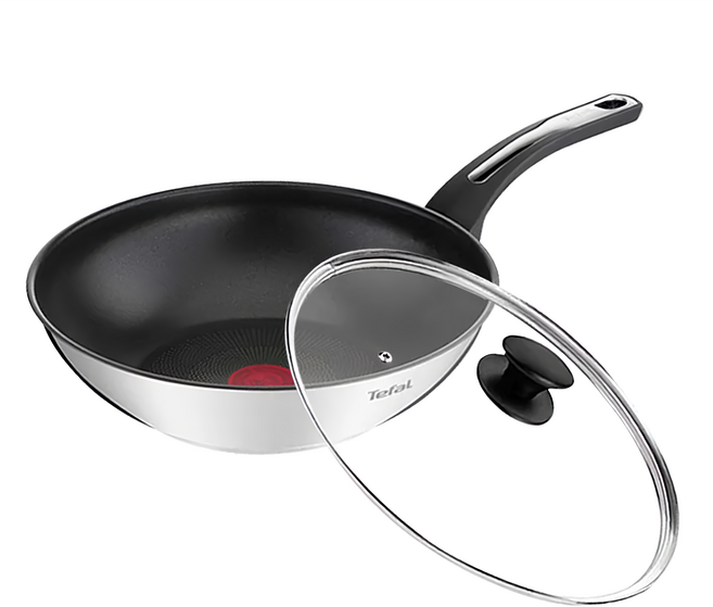 Tefal 特福 精靈複合 不鏽鋼系列 不沾鍋炒鍋 + 玻璃蓋 電磁爐適用, 28cm, 1組